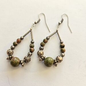 Vintage Jasper Unakite Silver Beaded Earrings Whimsigoth Bohemian Teardrop Shape